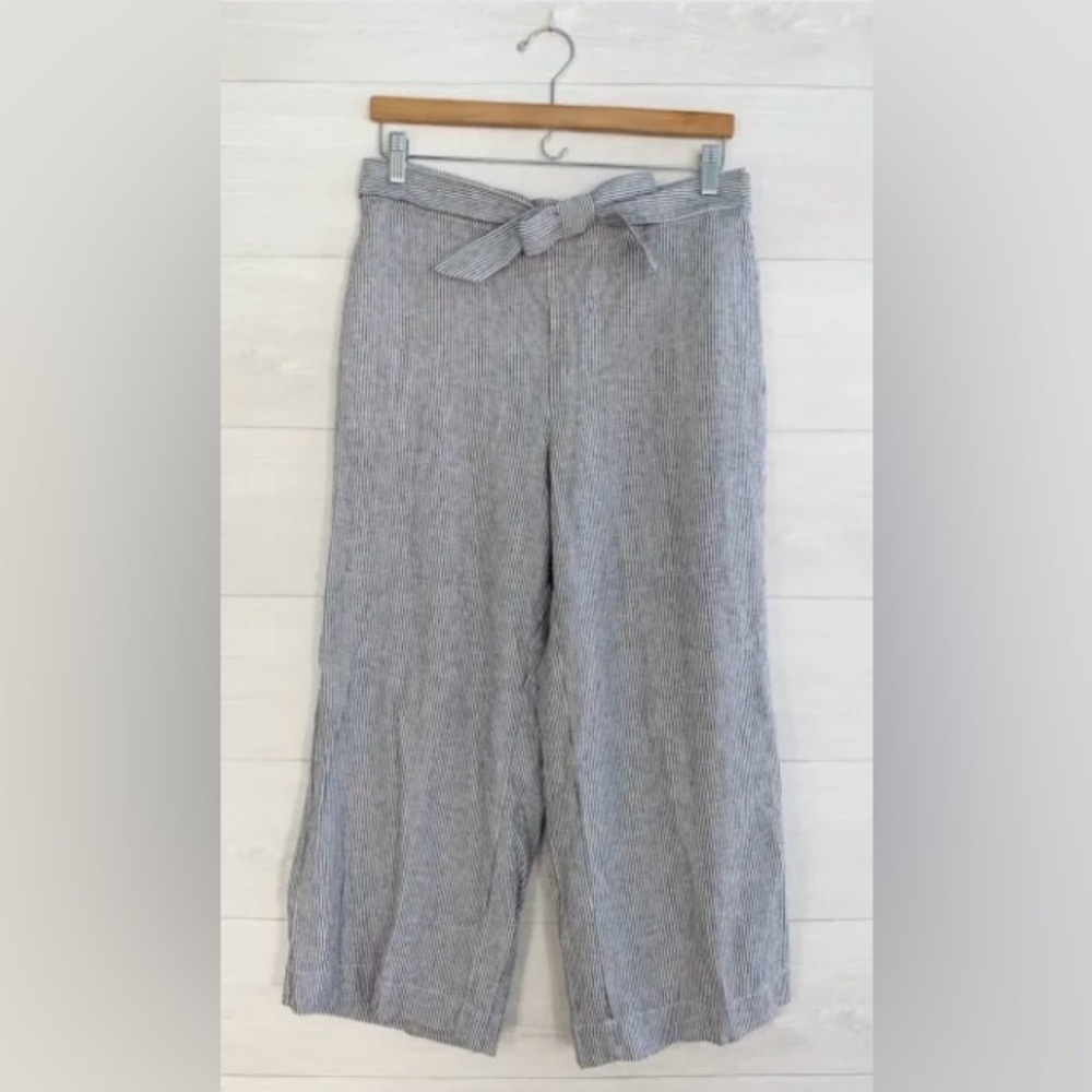 LOFT Outlet - Dark Navy & White Striped Wide Leg Crop Linen Pants